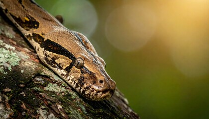 A close-up view of a snake resting on a tree branch in a vibrant forest