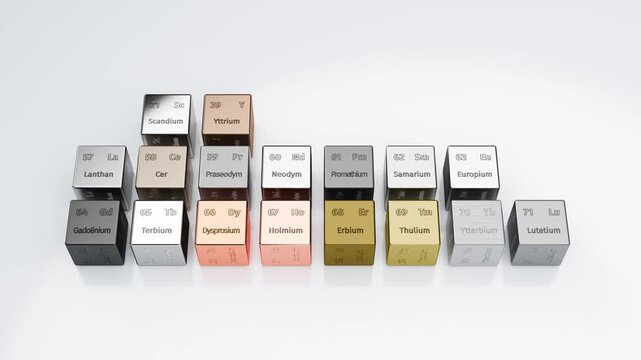 The 17 rare earth elements depicted as cubes with their atomic numbers, symbol and names engraved. Scandium, Yttrium, Neodym, Lanthan, Terbium, Lutetium, Holmium, Praseodym, Thulium, Ytterbium, Erbium