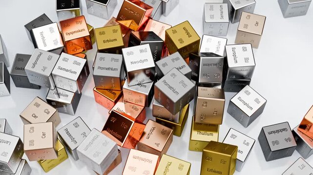 The 17 rare earth elements as cubes falling  onto a heap with engraved atomic numbers, symbol and names. Scandium Yttrium Neodym Lanthan Terbium Lutetium Holmium Praseodym Thulium Ytterbium Erbium