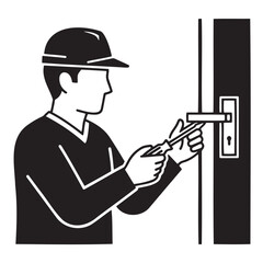 Minimalist black-and-white illustration of worker installing door knob on door with tools. Perfect for home repair, DIY, and professional services content