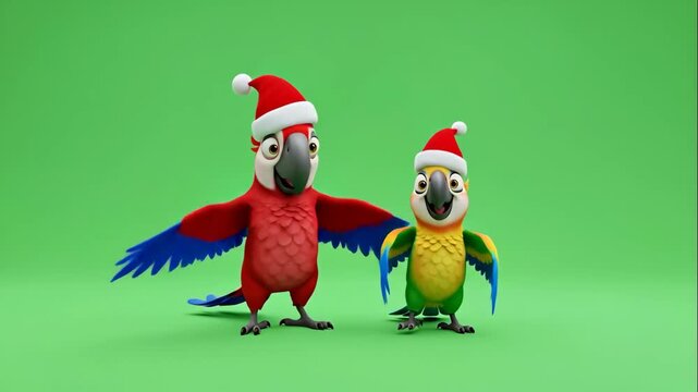 Animated Christmas Parrots on Green Screen - Two cartoon parrots wearing Santa hats are standing on a green screen background.