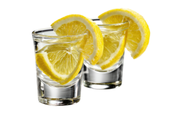Two shot glasses filled with a clear liquid, garnished with lemon slices
