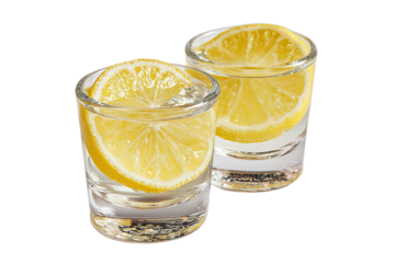 Two shot glasses filled with a clear liquid, topped with lemon slices and ice