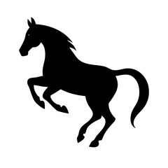 Vector art of silhouette of a black horse rearing up powerful equine figure in dynamic pose, showcasing the strength and spirit of this majestic animal in a minimalist design