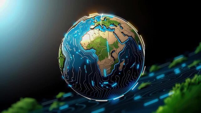 Futuristic globe digital world cyber map global network blue ocean green land glowing circuit technology sphere data flow sci fi style