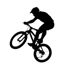 Obraz premium Vector art of silhouette of a mountain biker performing a wheelie on a, showcasing skill, balance, and the thrill of extreme sports in a minimalist yet dynamic composition