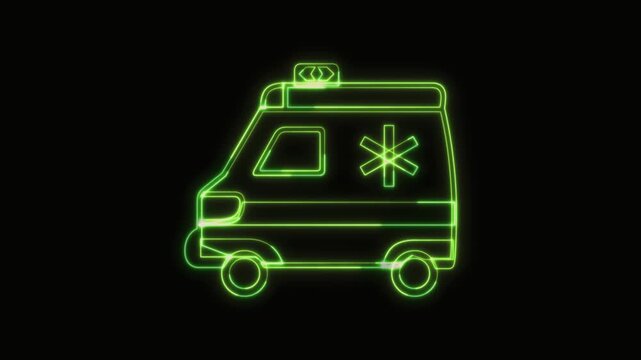 Ambulance Icon Neon Seamless Loop 4K with Black Background Animated Promotional Typography for Video Editing