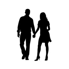 Vector art of silhouette of a couple holding hands and walking together the man is wearing a shirt and pants, while the woman is wearing a dress and heels they are in love