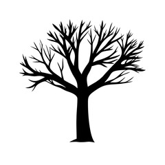 Vector art of silhouette of a tree, its branches reaching towards the sky, creating an intricate network of lines against the stark white backdrop, evoking a sense of winter