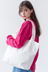 Photo with model in an oversized white bag, mock-up photography, front view, wearing a pink shirt on a white background