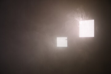 Professional lighting equipment without reflector and smoke on dark background. Space for text