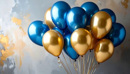 A cluster of blue and gold balloons against a textured, decorated background