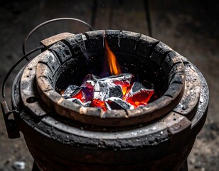 Close-up of glowing charcoal in a round, weathered metallic oven