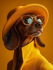 A stylish portrait dachshund dressed in a yellow outfit, sunglasses and hat. 