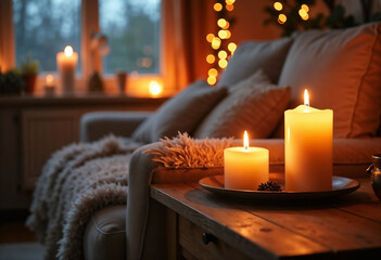 Cozy Living Room with Candles and Soft Textiles for Home Decor Blogs, Cozy Interiors, Relaxation Websites, and Comfort Lifestyle Articles