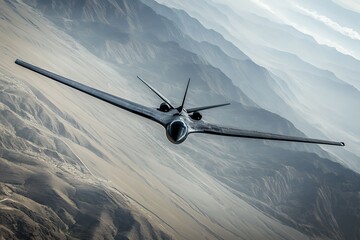 High-altitude image of an aircraft flying level, both wings fully spread and centered 
