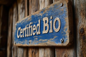 Blue Wooden Sign with "Certified Bio" Text Mounted on Rustic Wooden Wall Outdoors