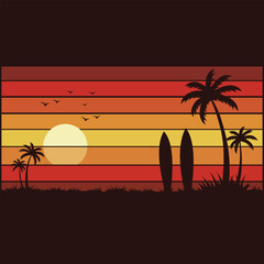 Creative design vector art of retro sunset with palm trees and surfboards on a beach, vibrant orange and yellow stripes, silhouette style