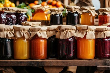 Assortment of Jars with Preserves, Jams, and Marmalade on Wooden Shelf with Burlap Covers