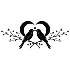 Creative design vector art of two birds kissing with heart shape and branches, black silhouette on