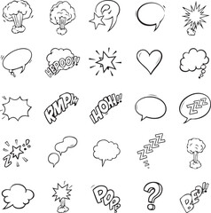 Collection of hand drawn comic book speech bubbles and thought bubbles with various expressions and sound effects