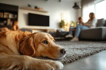 Golden retriever dog lying on a rug in a living room while people sit on a couch in background.