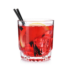 Glass of tasty cocktail with orange isolated on white
