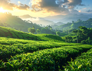 Golden Sunrise Over Lush Green Tea Plantation Hills