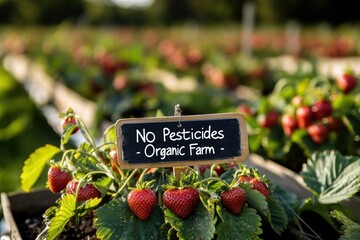 Ripe Strawberries Grow in Rows with Signage No Pesticides - Organic Farm, Outdoor, Daytime