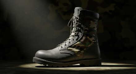 Military Boot with Camouflage Pattern Stands on Camouflage Surface Under Spotlight
