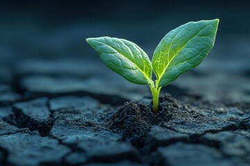 Small Green Sprout Growing in Cracked Dark Soil under Dim Lighting, Concept of New Life
