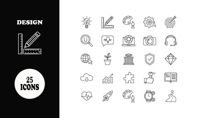 Versatile collection of 25 modern line icons for creative projects offering a clean, professional design aesthetic for diverse applications