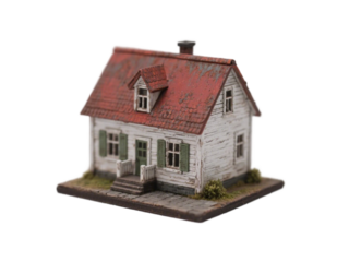 A detailed miniature white house with a red roof and green shutters, showcasing intricate architectural details.