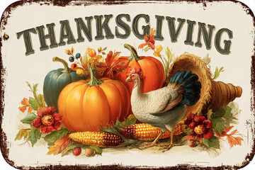 Retro illustration, stylized version of rustic metal Thanksgiving sign featuring pumpkins turkey, cornucopia. Perfect for holiday banners, holiday prints, advertising seasonal design