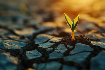 Seedling Growing in Cracked Earth, Illuminated by Warm Sunlight, Symbolizing New Life