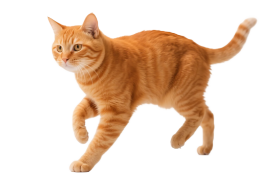 An orange tabby cat is captured in a walking pose with an alert and curious expression on its face.