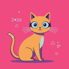 Stylized illustration of an adorable futuristic orange cat with large cybernetic eyes on a vibrant pink background with abstract shapes
