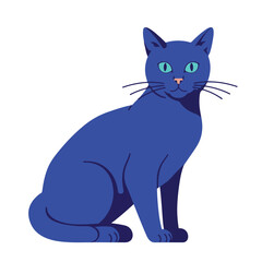 A sleek, minimalist illustration of a cobalt blue cat with bright green eyes, sitting attentively against a white background