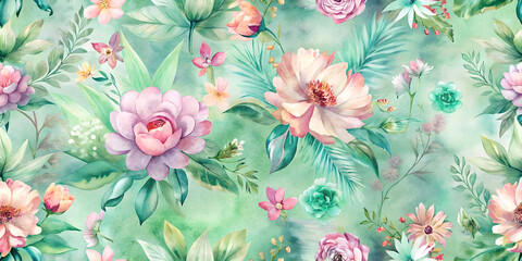 Delicate watercolor floral background with peonies, blossoms, and soft greenery. Perfect for wedding invitations, packaging, fabric design, feminine branding, and romantic backgrounds