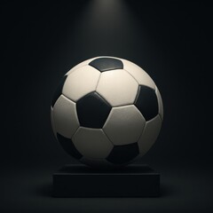 Naklejka premium A classic black and white soccer ball sits on a pedestal in a spotlight