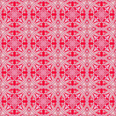 Intense seamless ornamental pattern featuring intricate starburst motifs in vibrant red and bright pink white. Highly textured, stippled design with a luxurious, festive, embroidered aesthetic.