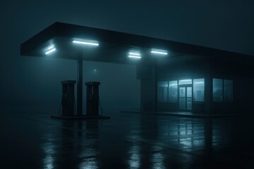 Foggy Abandoned Gas Station at Night with Blue Neon Lights Reflecting on Wet Pavement