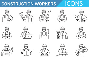 Fototapeta premium Creative Line Icons of Construction Workers in Various Activities for Commercial Use