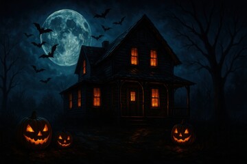 Haunted Farmhouse with Glowing Jack O’Lanterns under Full Moon on Halloween Night