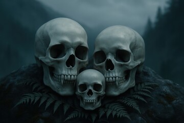 Three Vampire Skulls with Fangs Resting on Moss and Ferns in Dark Misty Forest