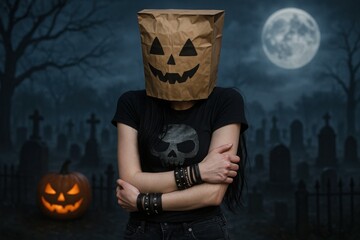 Woman with Paper Bag Pumpkin Mask Standing in Spooky Graveyard under Full Moon