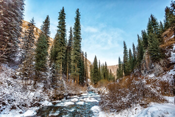 Winter mountain landscape with river in Turgen Gorge, near Almaty, Kazakhstan
