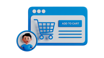 A 3D illustration depicts a user profile icon next to a website interface showing a shopping cart and an add to cart button symbolizing the online shopping process