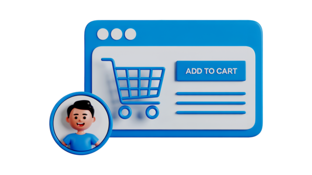 A 3D illustration depicts a user profile icon next to a website interface showing a shopping cart and an add to cart button symbolizing the online shopping process - Powered by Adobe