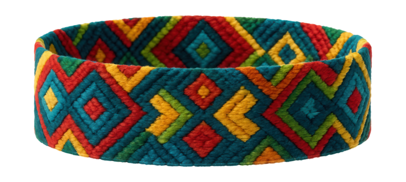 Colorful geometric patterned woven fabric bracelet.